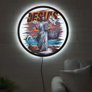 Jesus standing by the sea with a book and boat LED sign