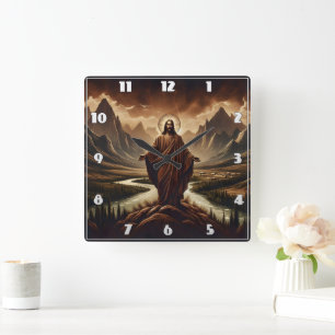 Jesus Standing in Majestic Mountains at Dusk Square Wall Clock