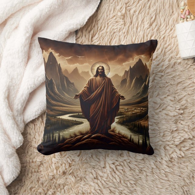 Jesus Standing in Majestic Mountains at Dusk Throw Pillow (Blanket)