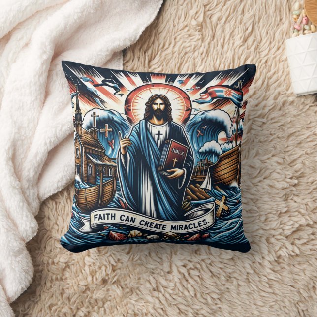 Jesus stands among turbulent seas, inspiring faith throw pillow (Blanket)
