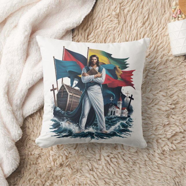 Jesus stands firm among waves and flags throw pillow (Blanket)