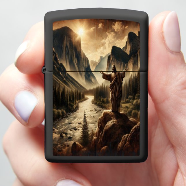 Jesus Stands On A Mountaintop Zippo Lighter (In Hand)