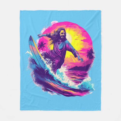 Jesus Surfing With You Through The Waves of Life Fleece Blanket