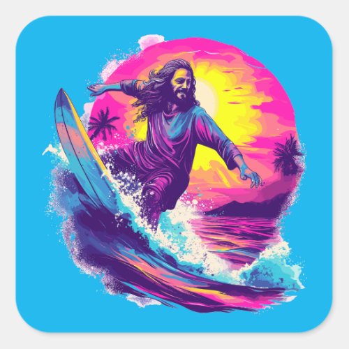 Jesus Surfing With You Through The Waves of Life Square Sticker