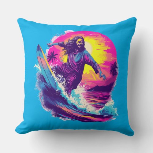 Jesus Surfing With You Through The Waves of Life Throw Pillow
