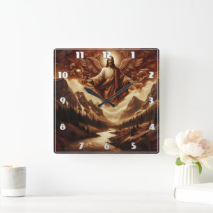 Jesus Surrounded by Angels in Mountain Landscape Square Wall Clock