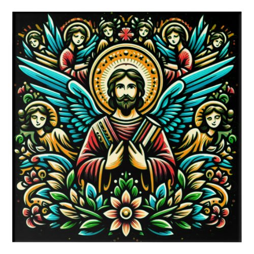  Jesus surrounded by eight angels and floral motif Acrylic Print