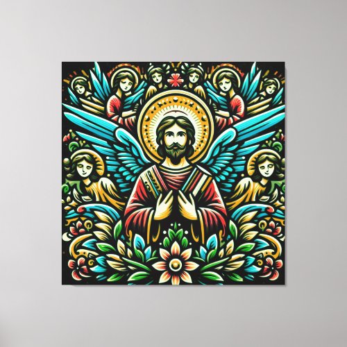  Jesus surrounded by eight angels and floral motif Canvas Print