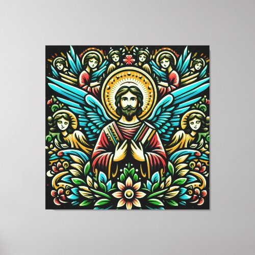  Jesus surrounded by eight angels and floral motif Canvas Print