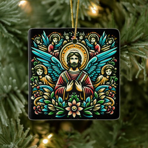  Jesus surrounded by eight angels and floral motif Ceramic Ornament