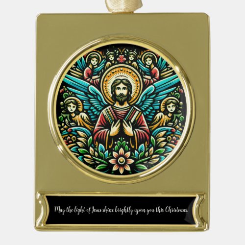  Jesus surrounded by eight angels and floral motif Gold Plated Banner Ornament