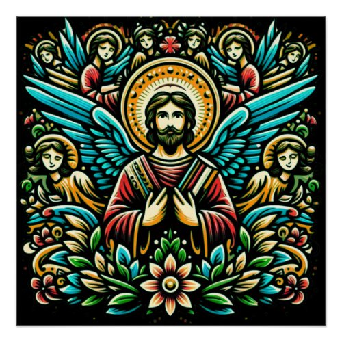  Jesus surrounded by eight angels and floral motif Poster