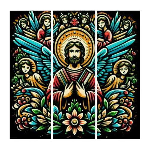  Jesus surrounded by eight angels and floral motif Triptych