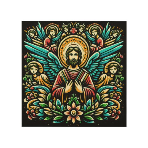  Jesus surrounded by eight angels and floral motif Wood Wall Art