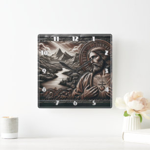 Jesus Surrounded by Majestic Mountains at Dusk Square Wall Clock