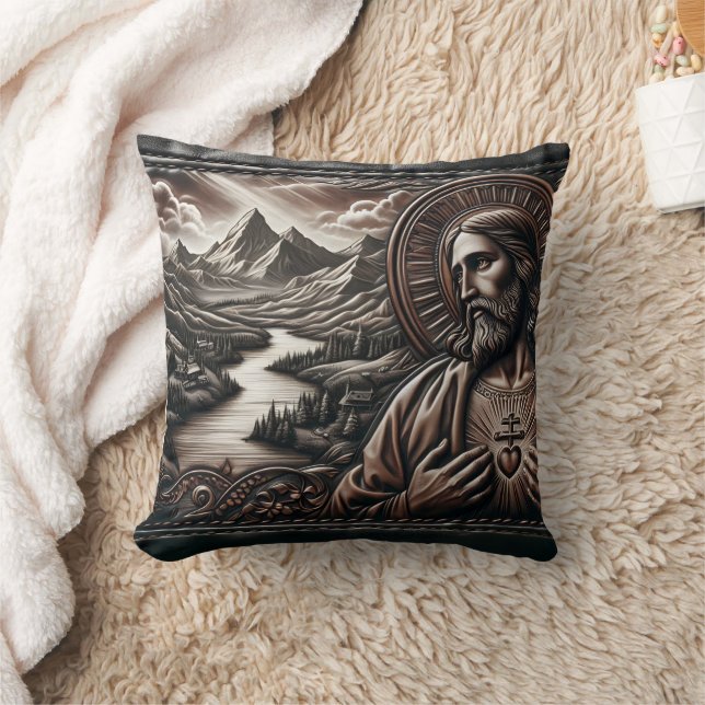 Jesus Surrounded by Majestic Mountains at Dusk Throw Pillow (Blanket)