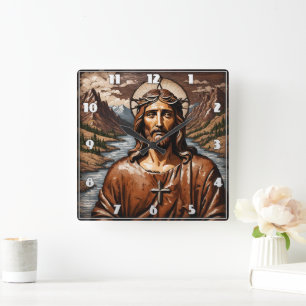 Jesus Surrounded by Mountains and Waterway Square Wall Clock