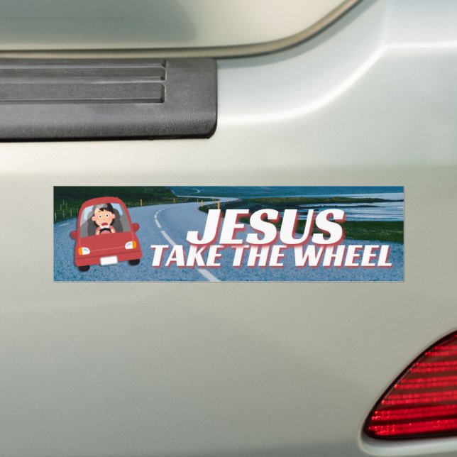 Jesus Take The Wheel Funny Cartoon Christian Bumper Sticker (On Car)