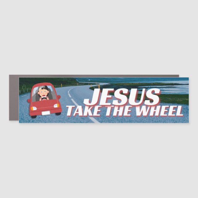 Jesus Take The Wheel Funny Cartoon Christian Car Magnet (Front)