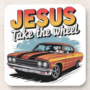 Jesus Take the Wheel Vintage Muscle Car Beverage Coaster