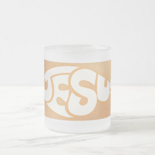Jesus Text in Fish Shape Orange Background Frosted Glass Coffee Mug
