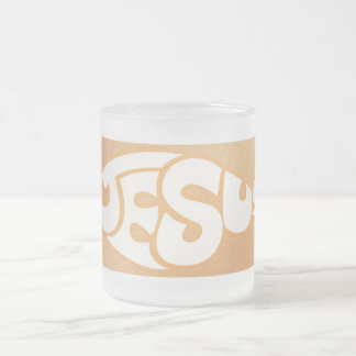 Jesus Text in Fish Shape Orange Background Frosted Glass Coffee Mug