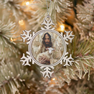 Jesus the Good Shepherd Holding the Lamb Snowflake Pewter Christmas Ornament
