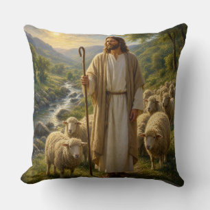 Jesus the Good Shepherd in Golden Valley Throw Pillow