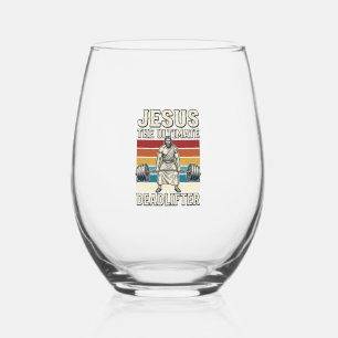 Jesus The Ultimate Deadlifter Vintage Vector Desig Stemless Wine Glass