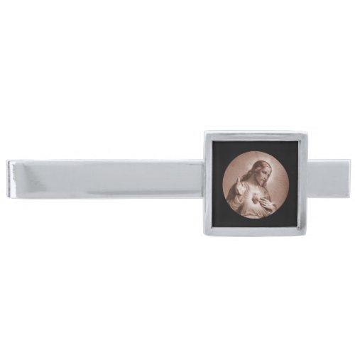 Jesus Touching His Heart Silver Finish Tie Bar
