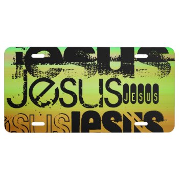 Jesus; Vibrant Green  Orange  & Yellow License Plate by ColorStock at Zazzle