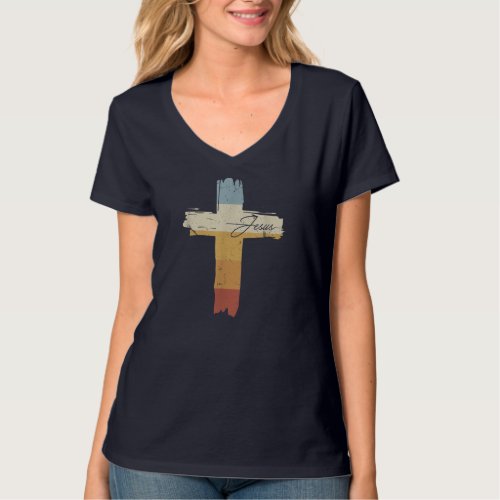 Jesus Vintage Print Faith Cross Faith God Church R T_Shirt