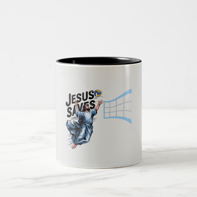 Jesus Volleyball Saves Funny Christian Faith   Two-Tone Coffee Mug (Center)