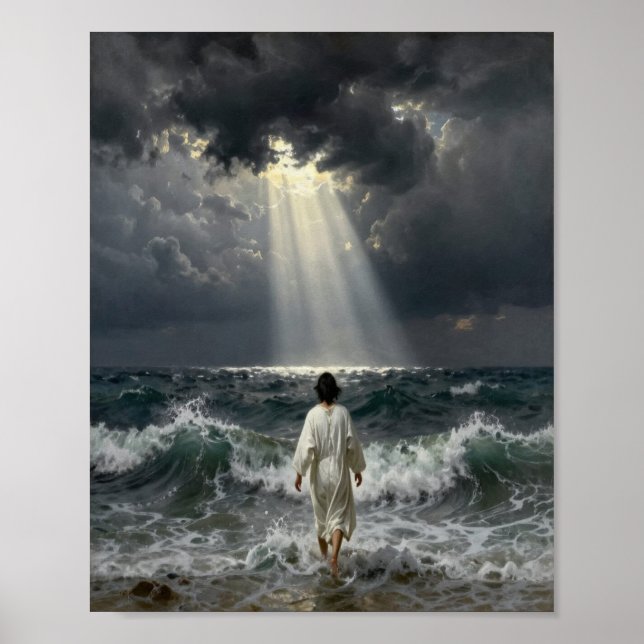 Jesus Walking into Stormy Seas Poster (Front)