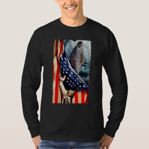 Jesus Walking On The Sea American Flag Usa Flag T-Shirt