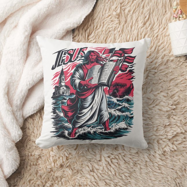 Jesus walking on the waves with a Bible at sunset Throw Pillow (Blanket)