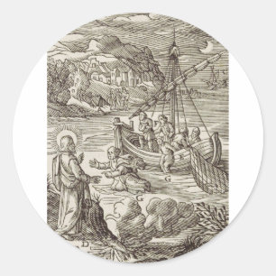 Jesus walking on water classic round sticker