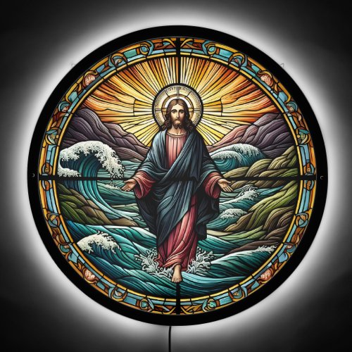 Jesus Walking On Water Stained Glass LED Sign