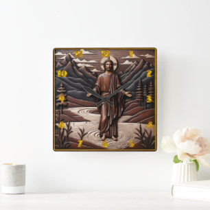 Jesus Walking on Water Surrounded by Mountains Square Wall Clock