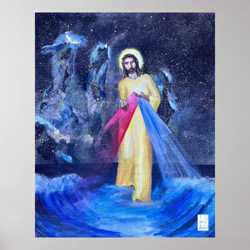 Jesus walking on water with Pillars of Creation Poster