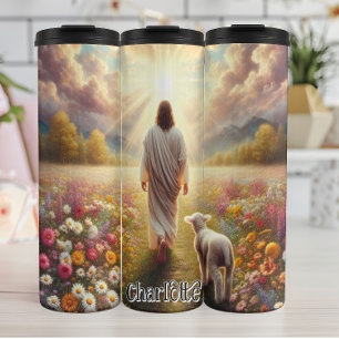 Jesus Walking With Lamb in Field Thermal Tumbler