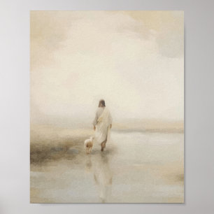 Jesus Walking with Lamb Watercolor Illustration Poster
