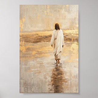 Jesus walks on the water in white clothes poster