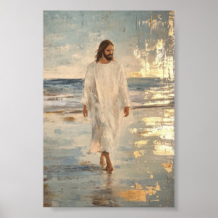 Jesus walks on the water in white clothes poster