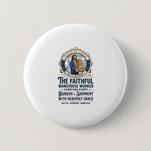 Jesus Warehouse Logistics Graphic Tee Christian Ar Button (Front)