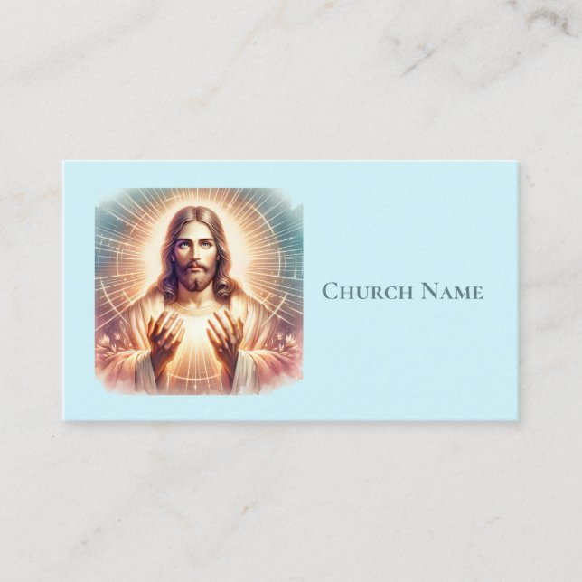 Jesus Welcoming Hands Watercolor (Blue) Business Card (Front)