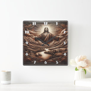 Jesus Welcoming in Serene Mountain Landscape Square Wall Clock