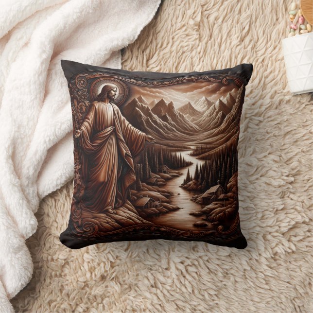 Jesus Welcoming in Serene Mountain Landscape Throw Pillow (Blanket)