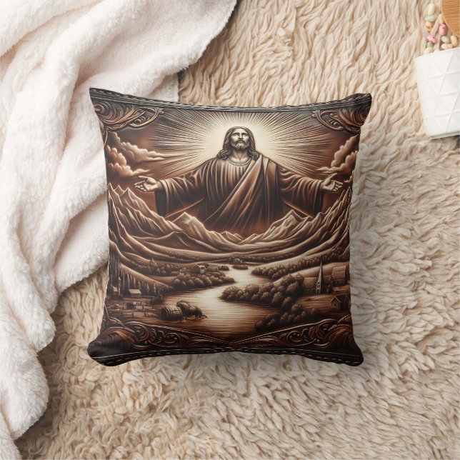 Jesus Welcoming in Serene Mountain Landscape Throw Pillow (Blanket)