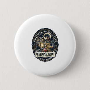 Jesus Welder Metal Shop T-Shirt Inspirational Fait Button